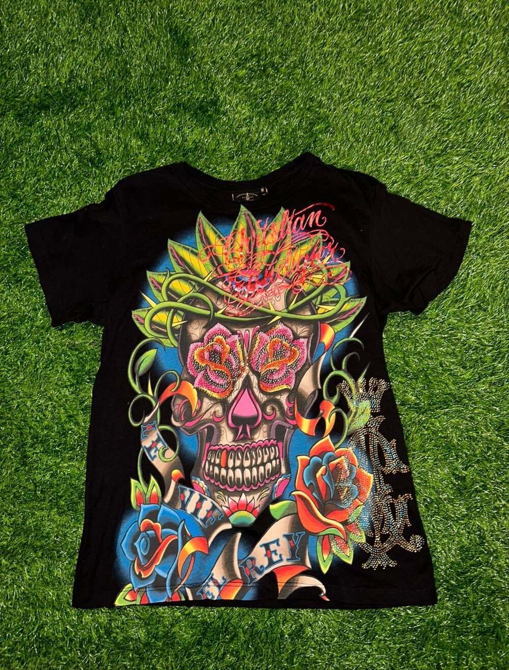 Christian Audigier Skull Rhinestone Size M Black T-Shirt